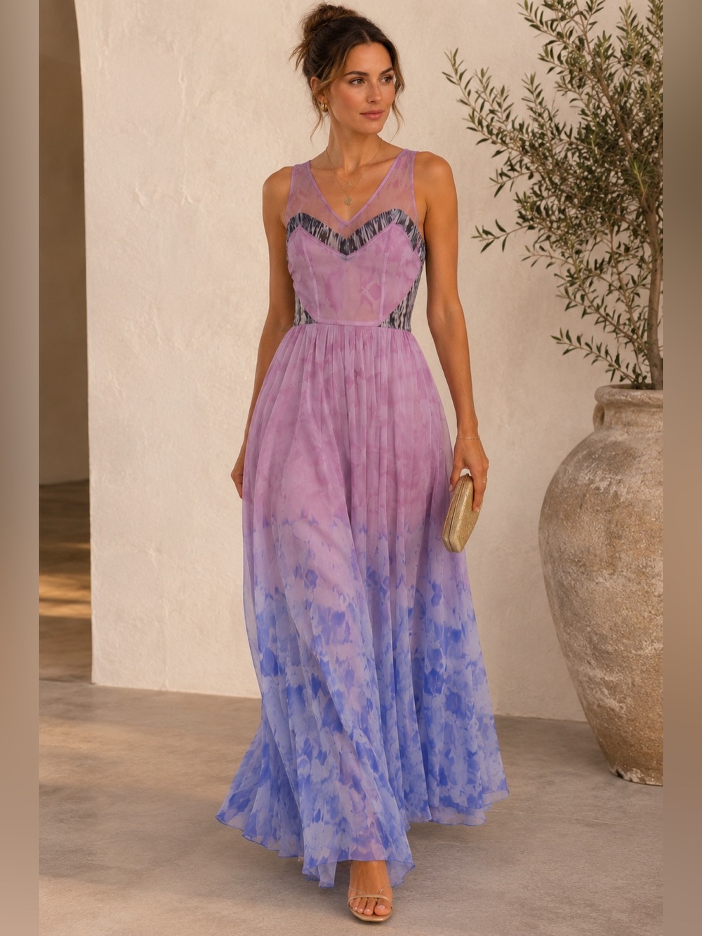 Addison NewYork 100% Silk Lilac Blue Printed Maxi Dress XS